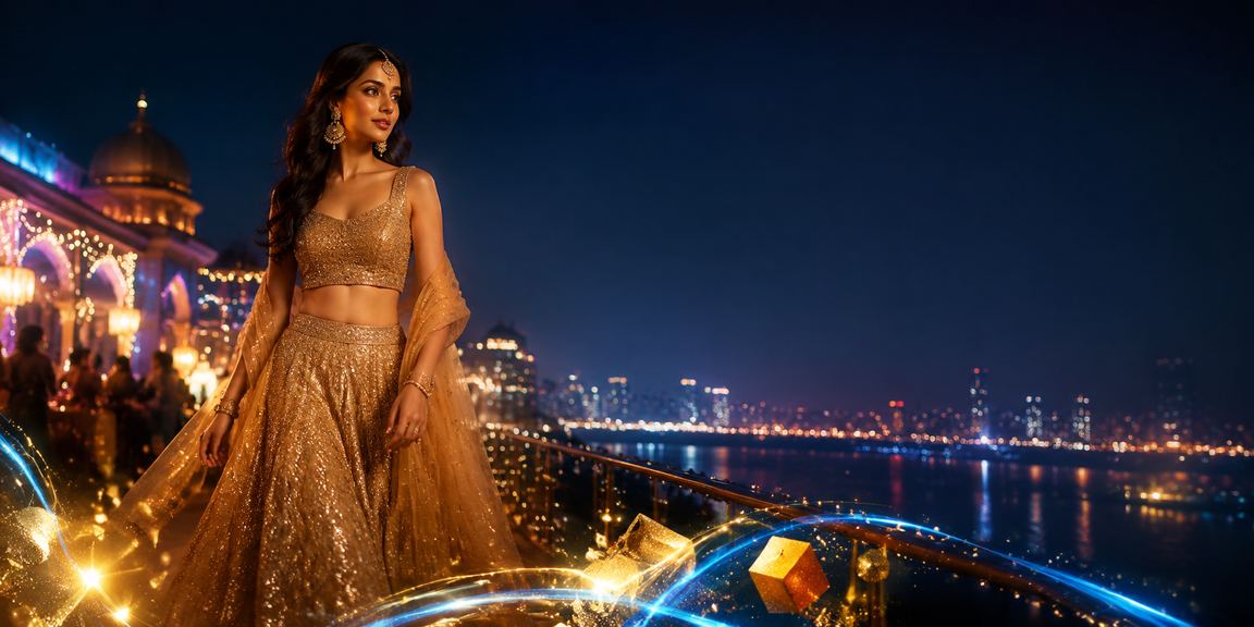 Indian cricket fan in festive lehenga enjoying cashback bonuses on mobile